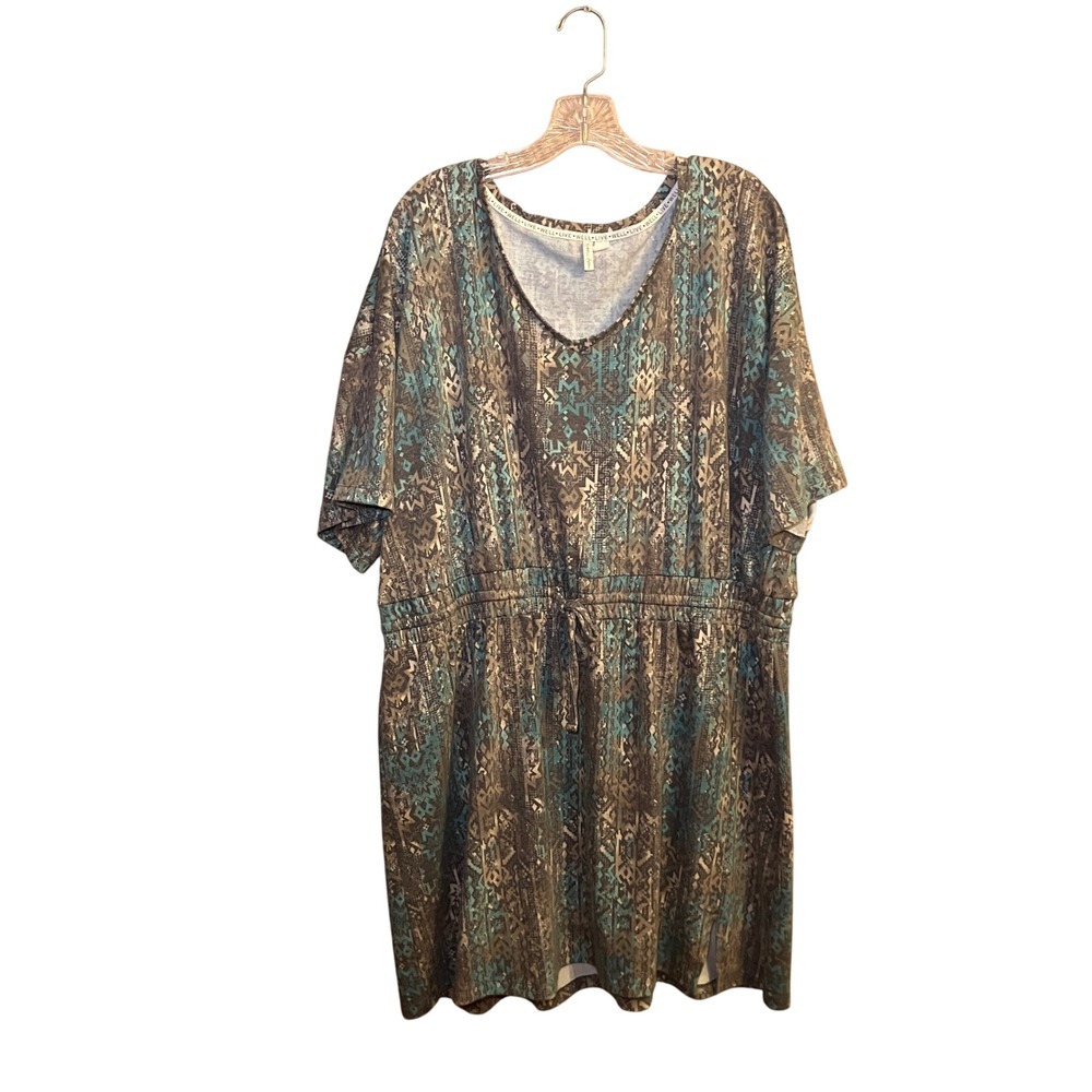 Live Well Women's 22/24 Blue Brown Geometric Print Drawstring Waist Casual Dress